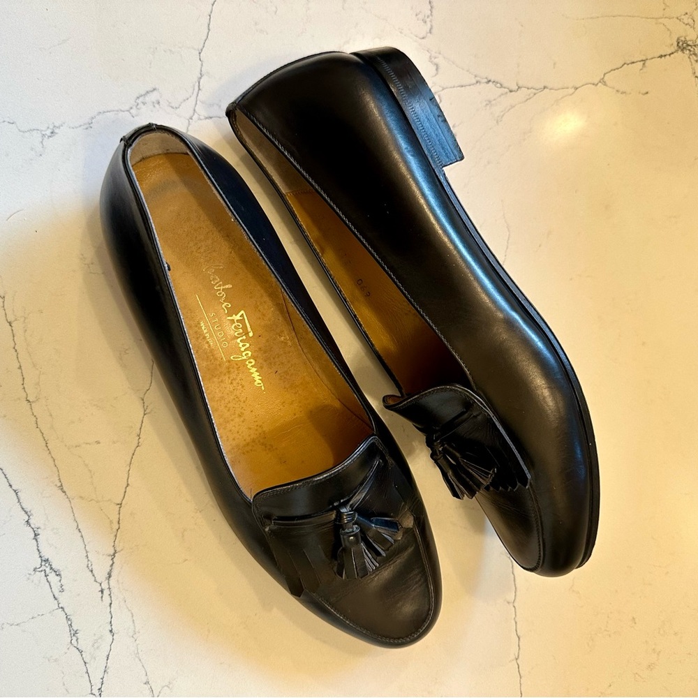 Ferragamo Loafers Black Leather Tassel Flats Size 11 D
